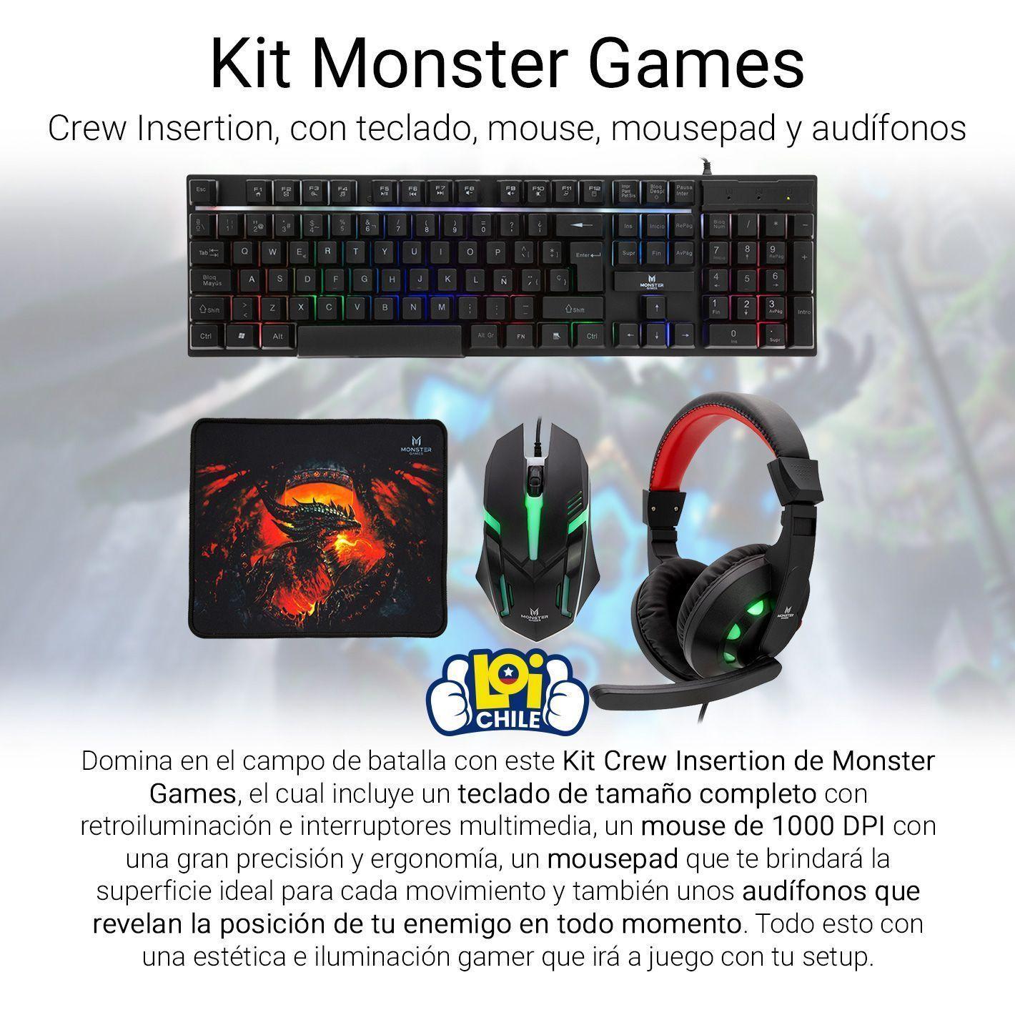 Kit Gamer Monster 4 en 1 Teclado Mouse Audífono Mousepad RGB-1