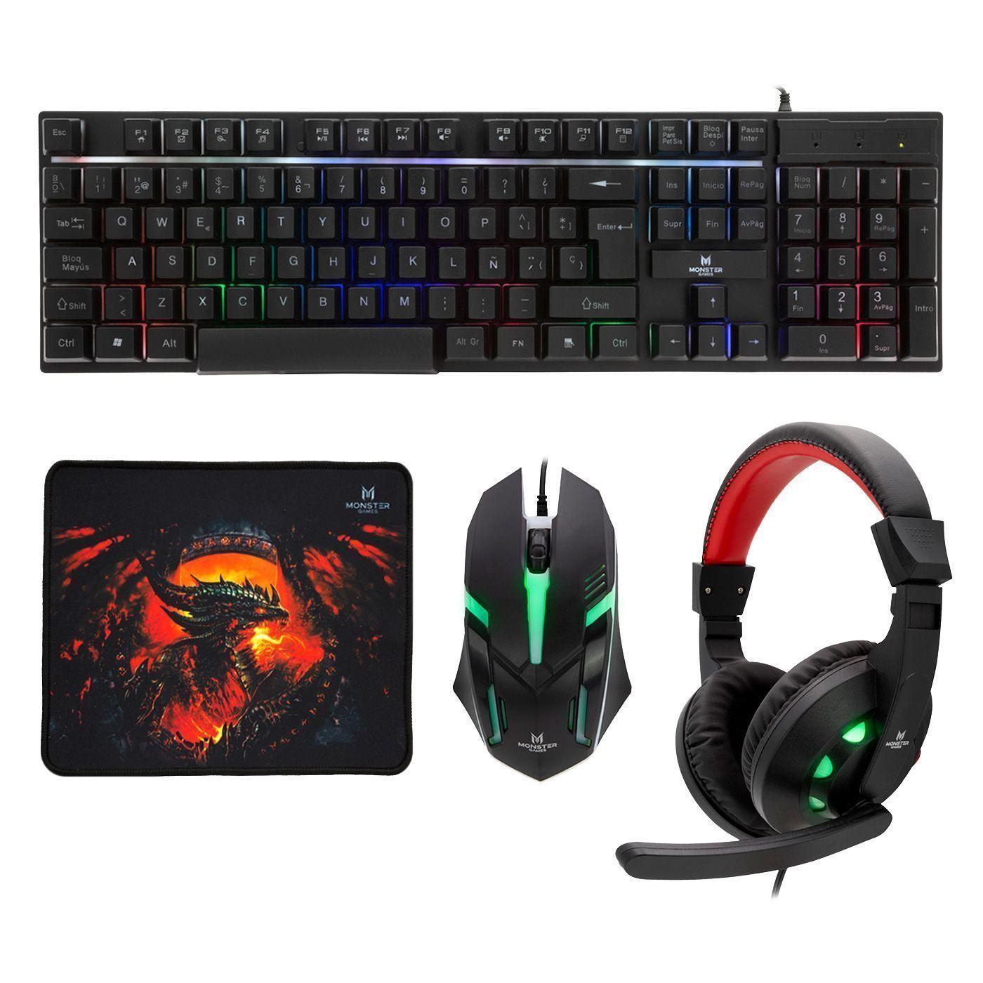Kit Gamer Monster 4 en 1 Teclado Mouse Audífono Mousepad RGB-0