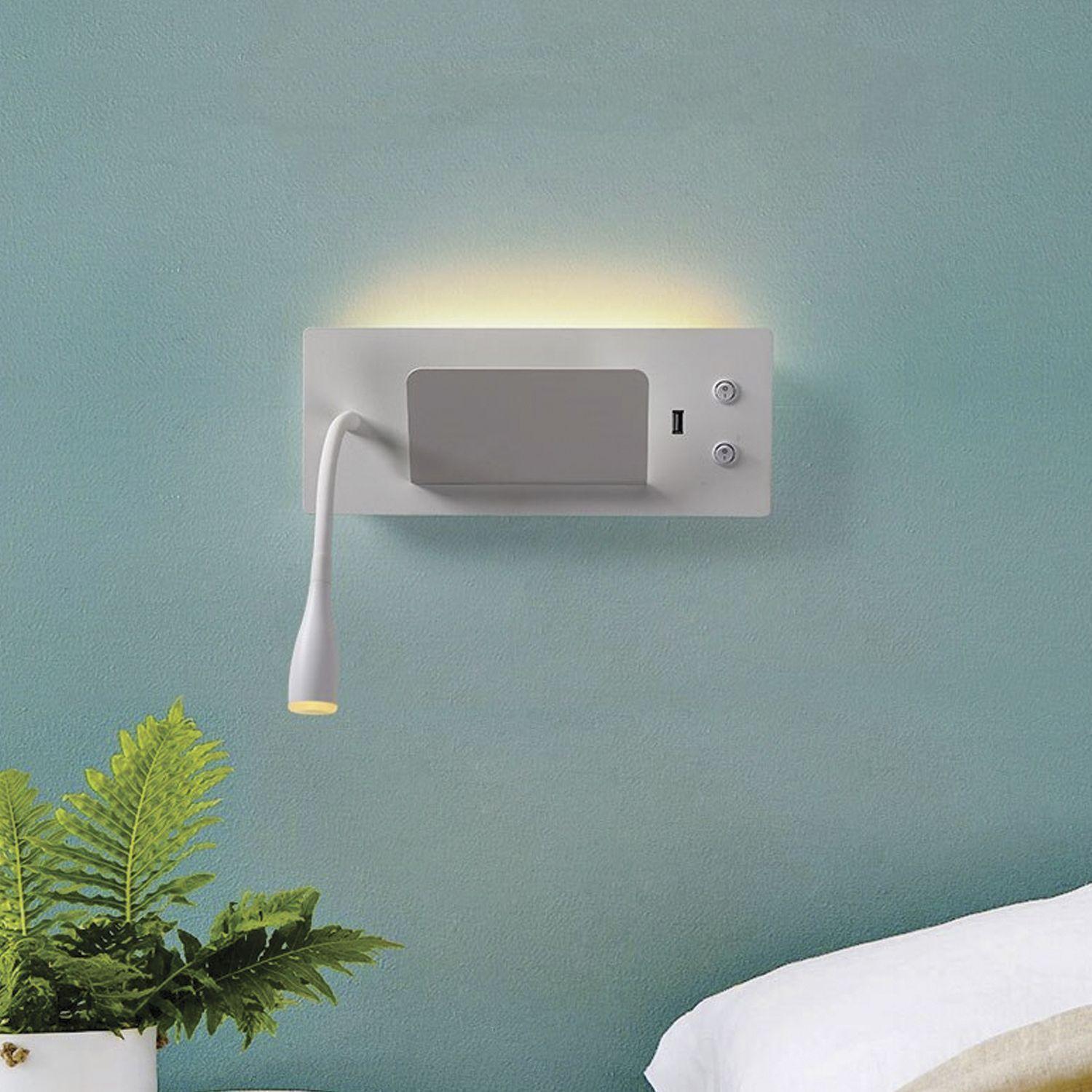 Apliqué Cabecera Lámpara LED Rectangular Flexible Con USB Blanco 6W+3W-2