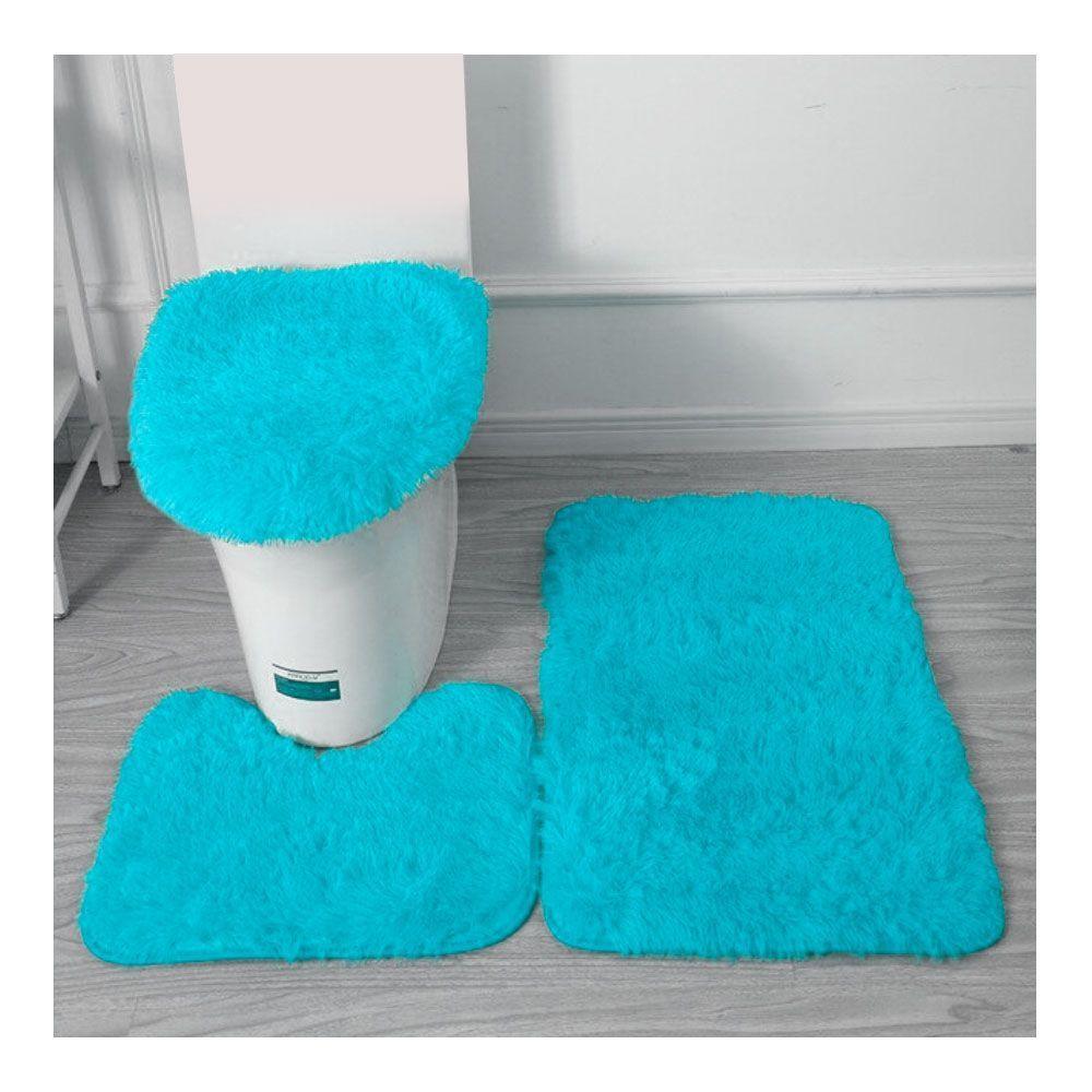 Set Alfombra Baño Antideslizante Peludo 3 Pcs Celeste-0
