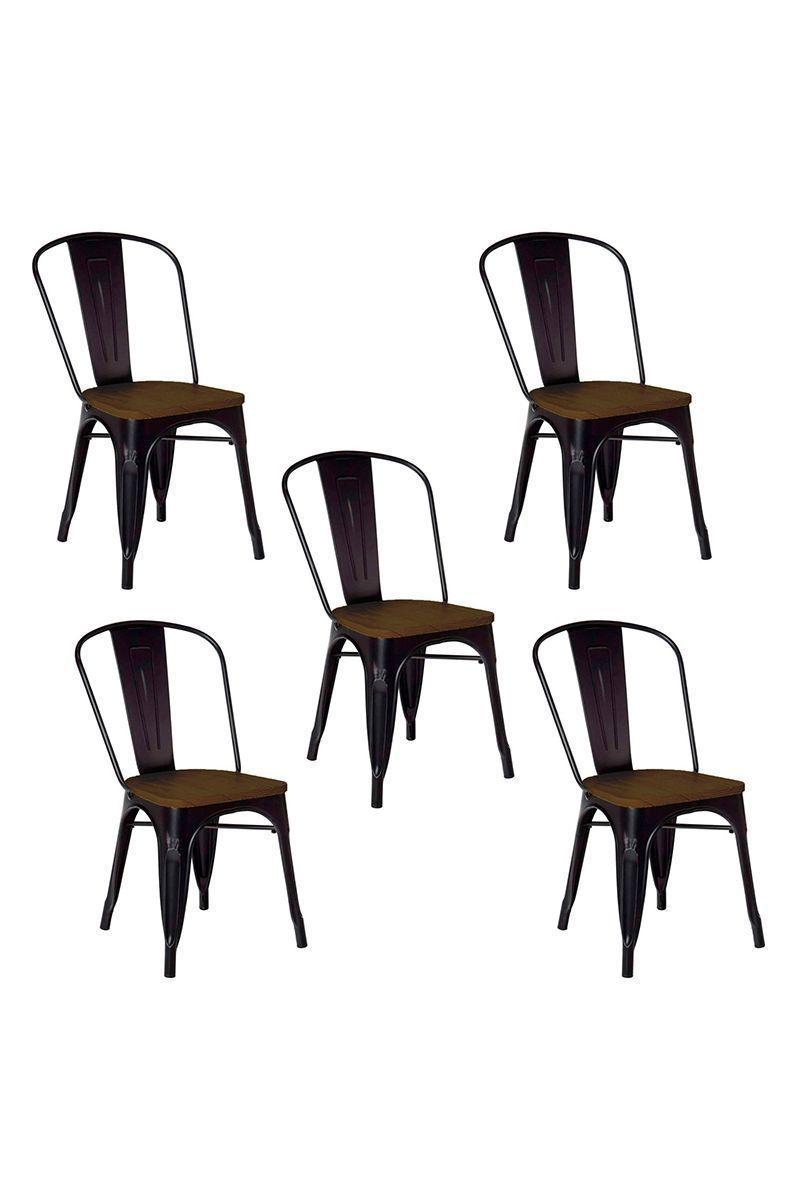 Pack 5 Silla Tolix Vintage con Asiento de Madera - Negro-0