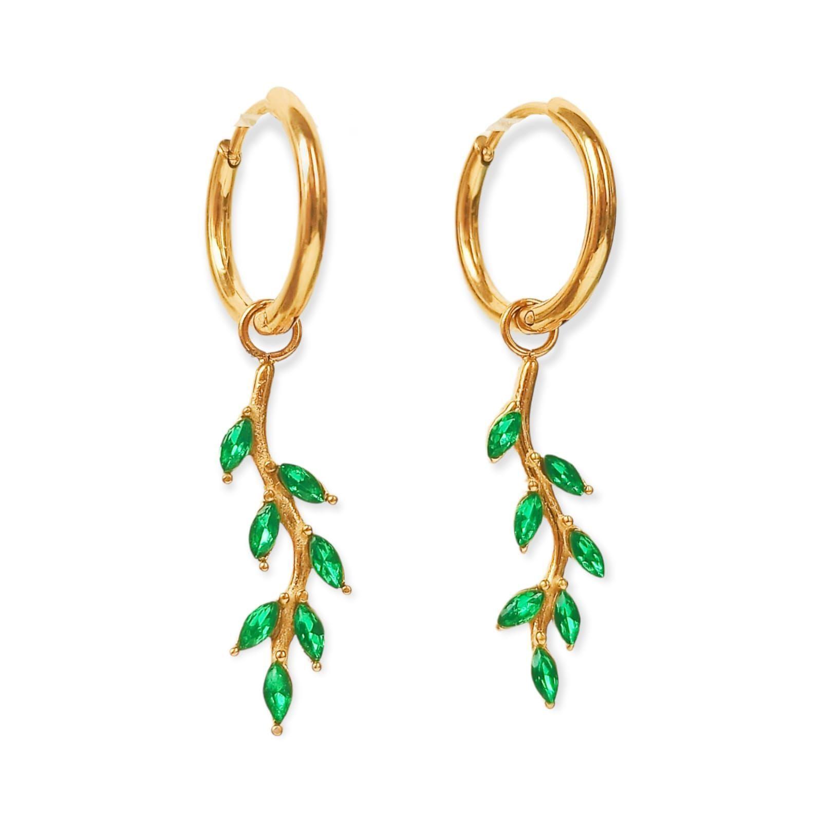 Argollas Aros Hiedras Huggies circonio verde Chapada En Oro 18k-0
