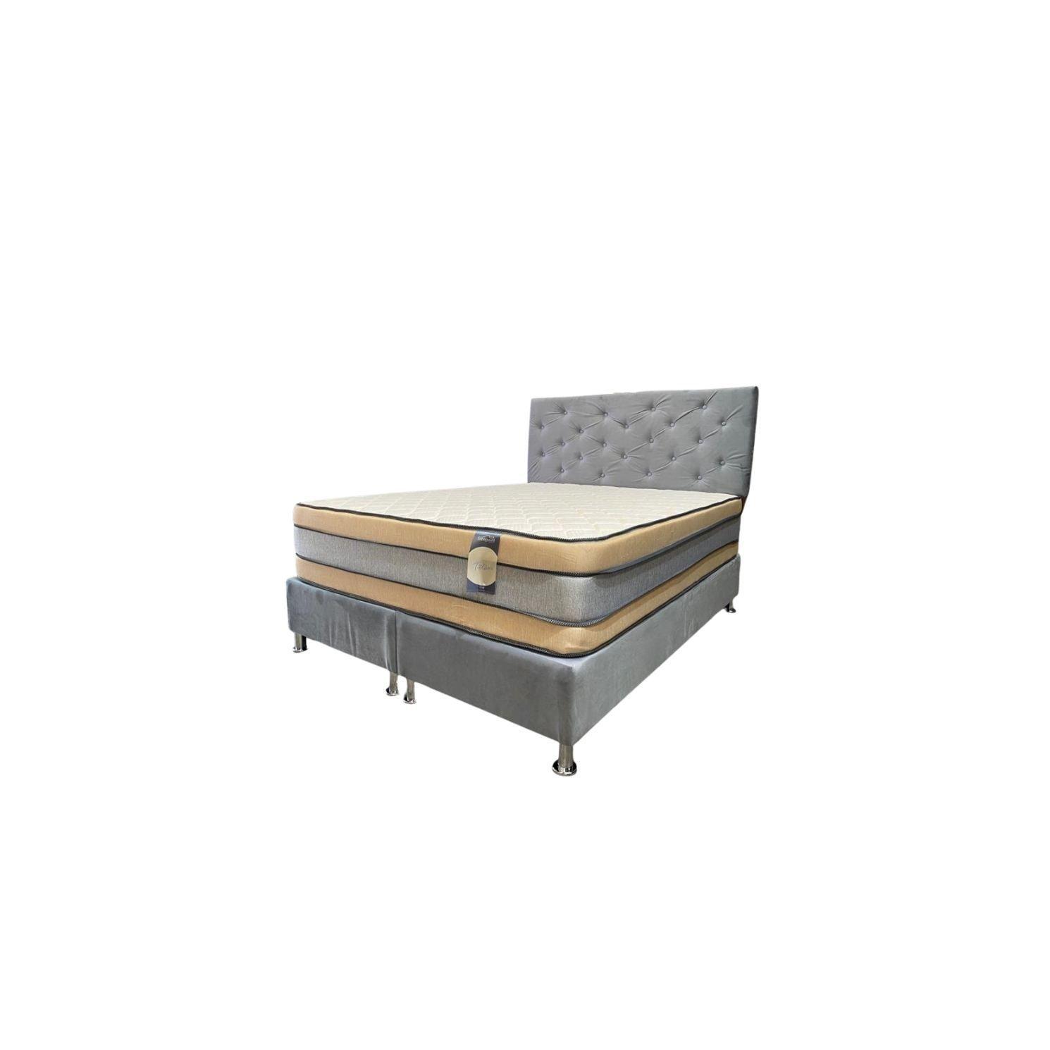 Cama Americana Titan 2P + Colchon de resortes + Respaldo Gris Felpa Pmetal-2
