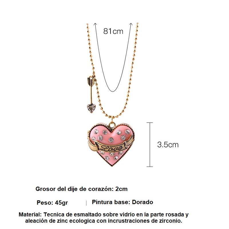 Conjunto Collar Largo Relicario Aros Corazon Rosa Dulce Amor-12