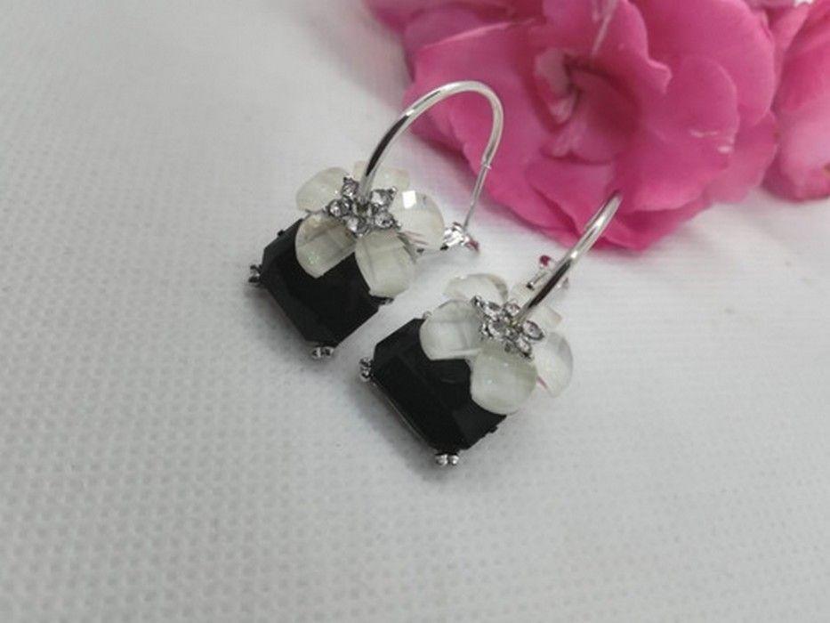 Aros flor coreana cristal negro y blanca pendientes zirconio-5
