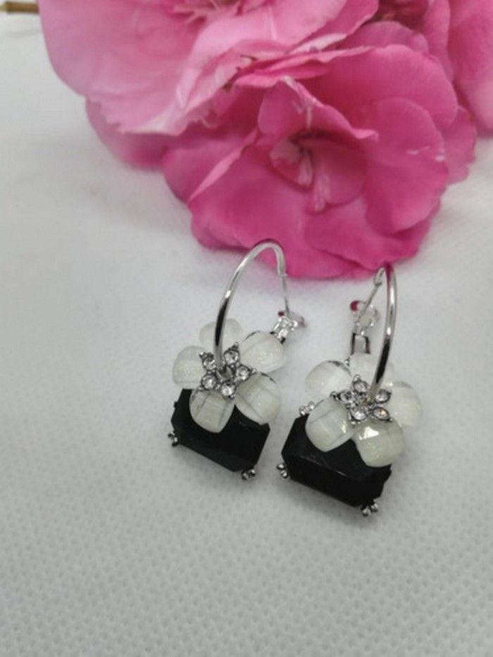 Aros flor coreana cristal negro y blanca pendientes zirconio-3