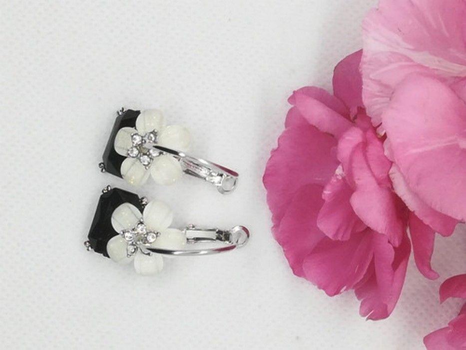 Aros flor coreana cristal negro y blanca pendientes zirconio-2