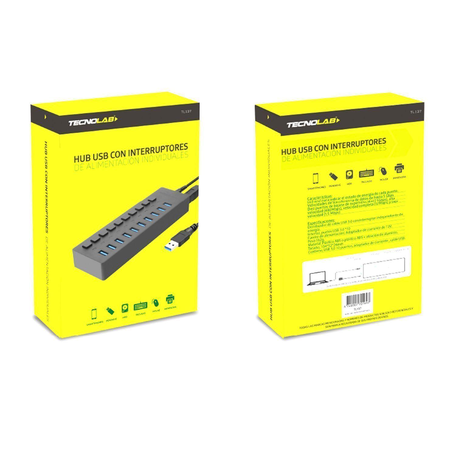 Hub 10 Puertos USB 3.0 Con Interruptor Tecnolab-3