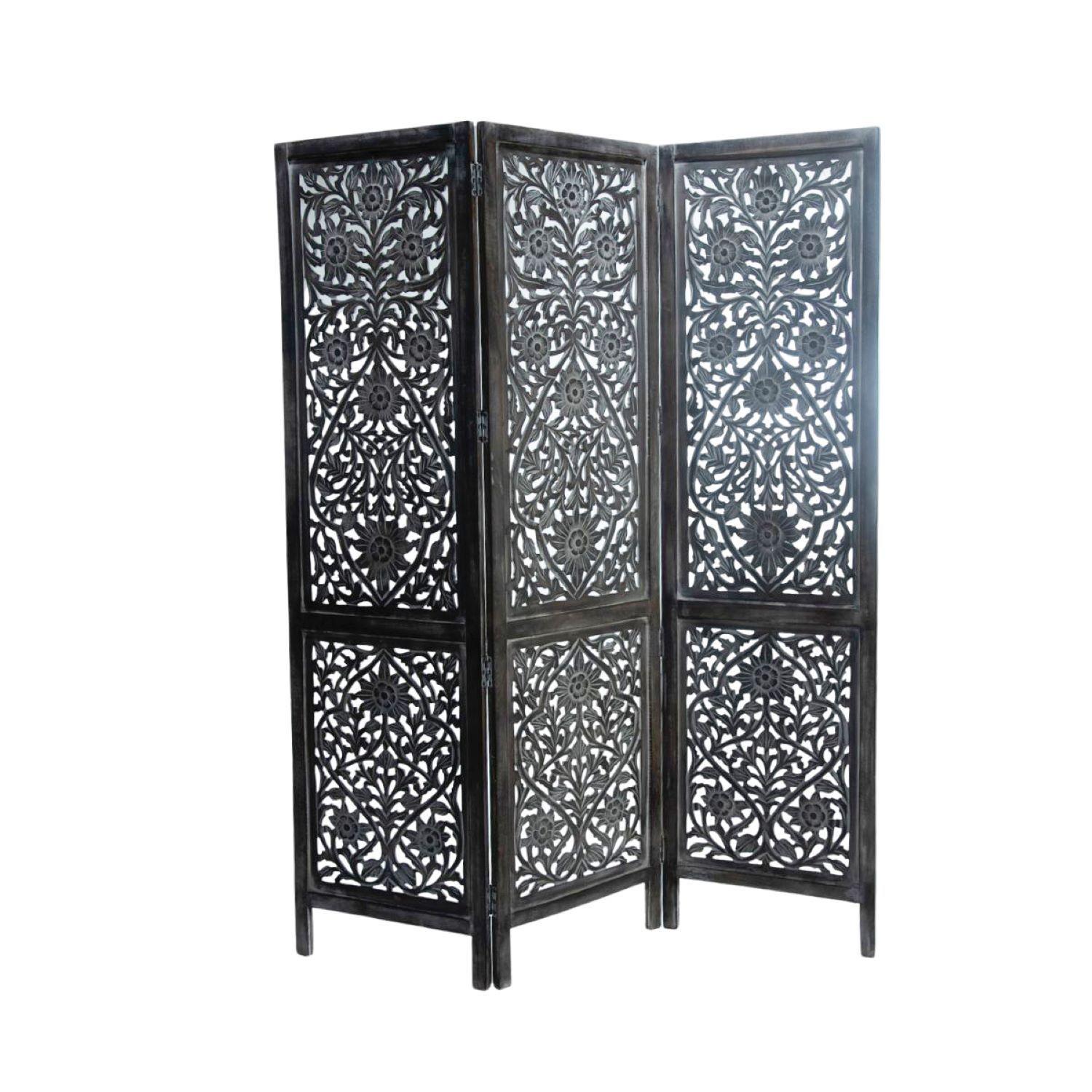 Biombo flores y ramas madera tallada 3 paneles 150 x 180 cm-0