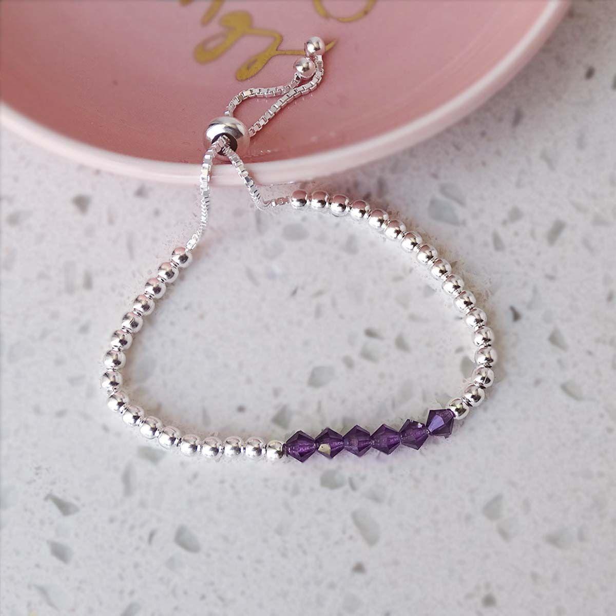 Pulsera Ajustable De Plata 925 Pelotitas Cristales Violeta O - MABELITA-2