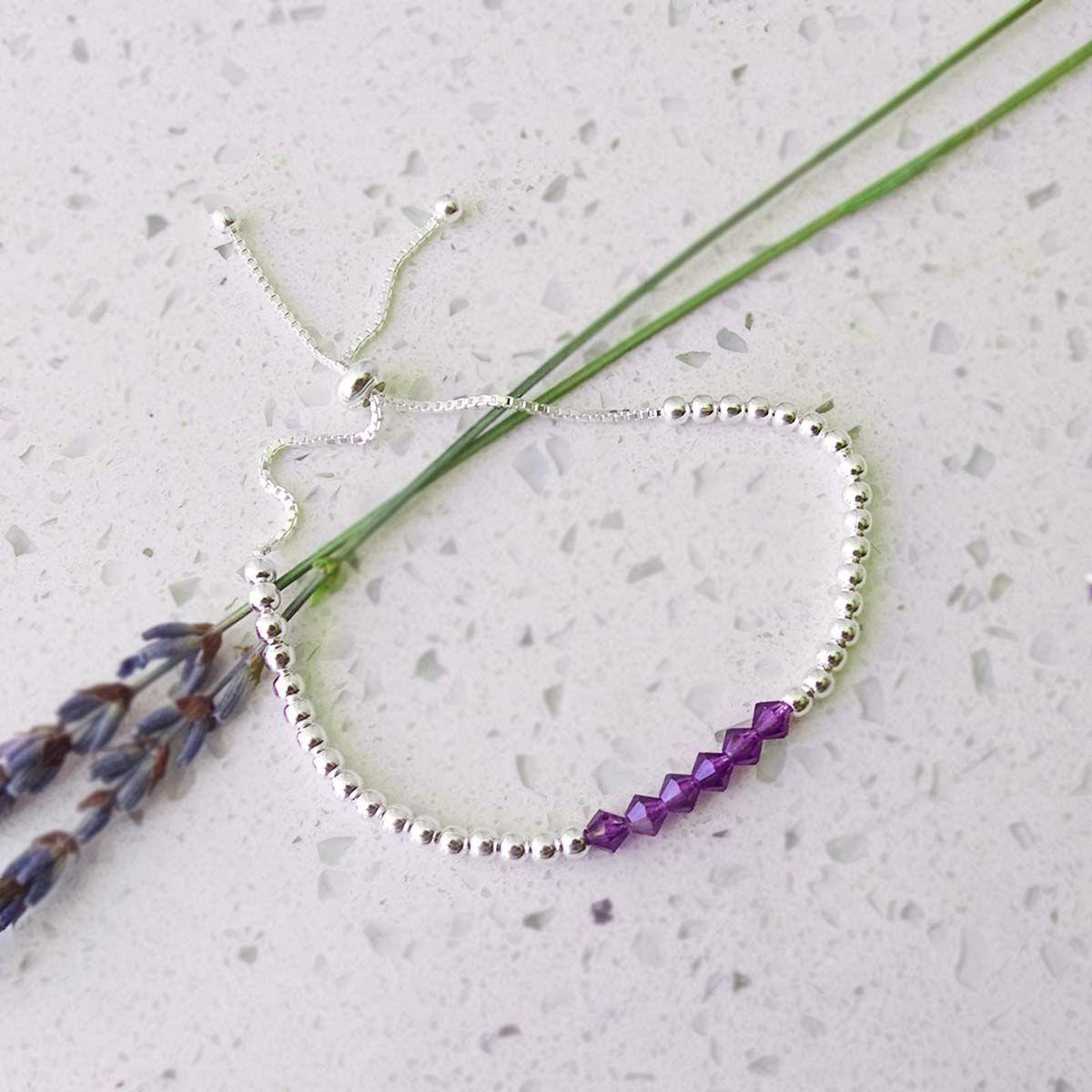 Pulsera Ajustable De Plata 925 Pelotitas Cristales Violeta O - MABELITA-1