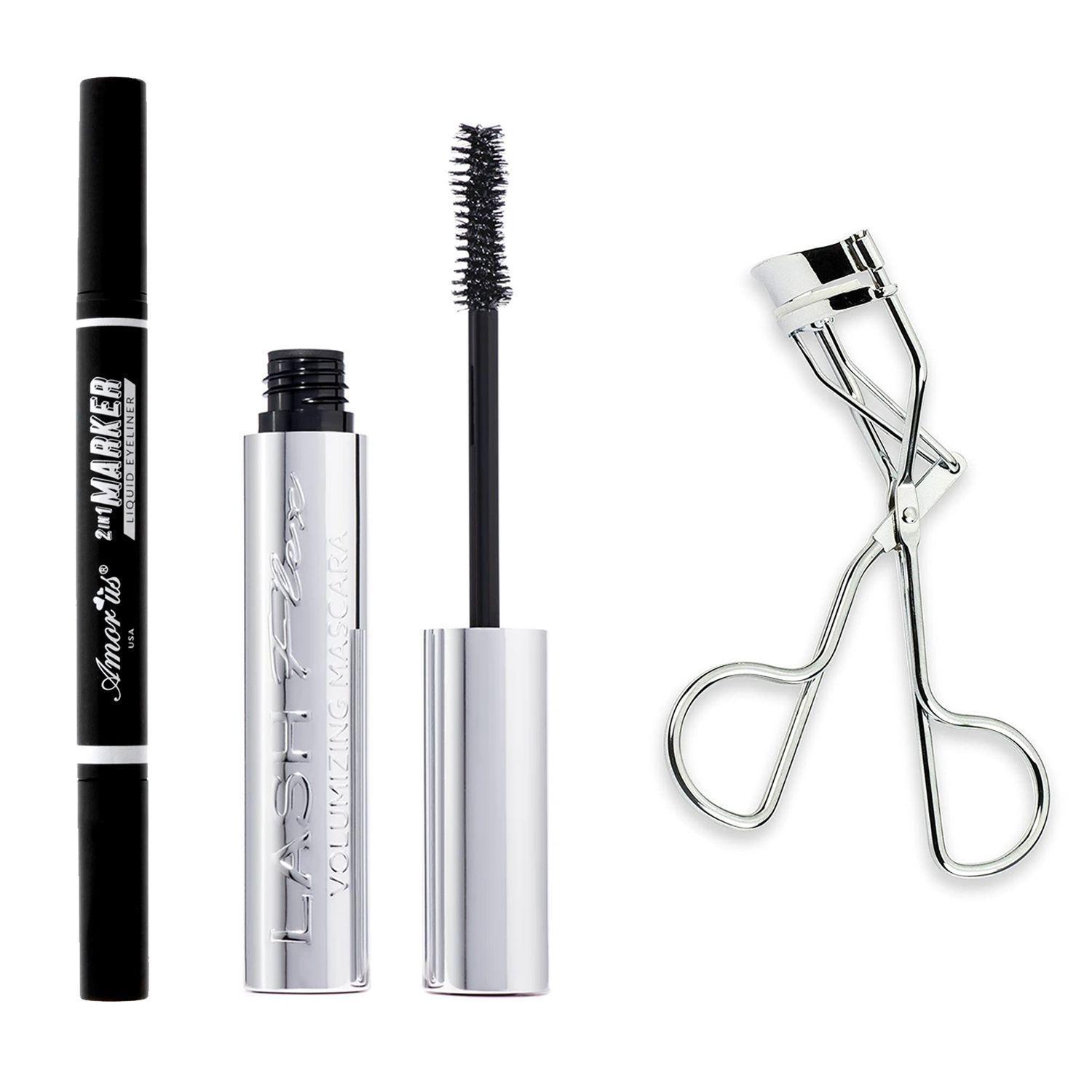 Set Máscara de Pestañas "Volumizing" + Encrespador de Pestañas "Flirty Lashes" Plateado o Negro + Delineador 2 en 1 de Amor Us-0