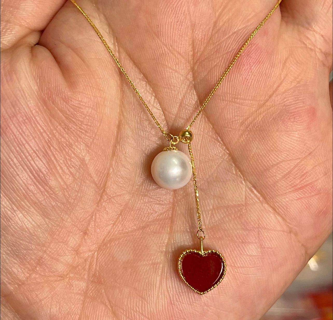 CADENA TEJIDA ORO ROSADO 18K CORAZÓN ÁGATA PROTECCIÓN PERLA AJUSTABLE-2