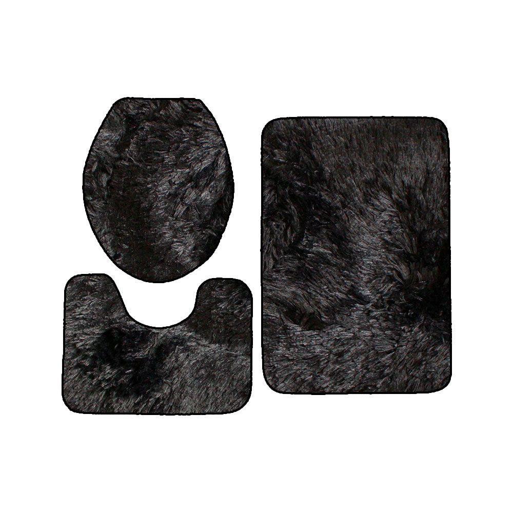 Set Alfombra Baño Antideslizante Peludo 3 Pcs Negro-1