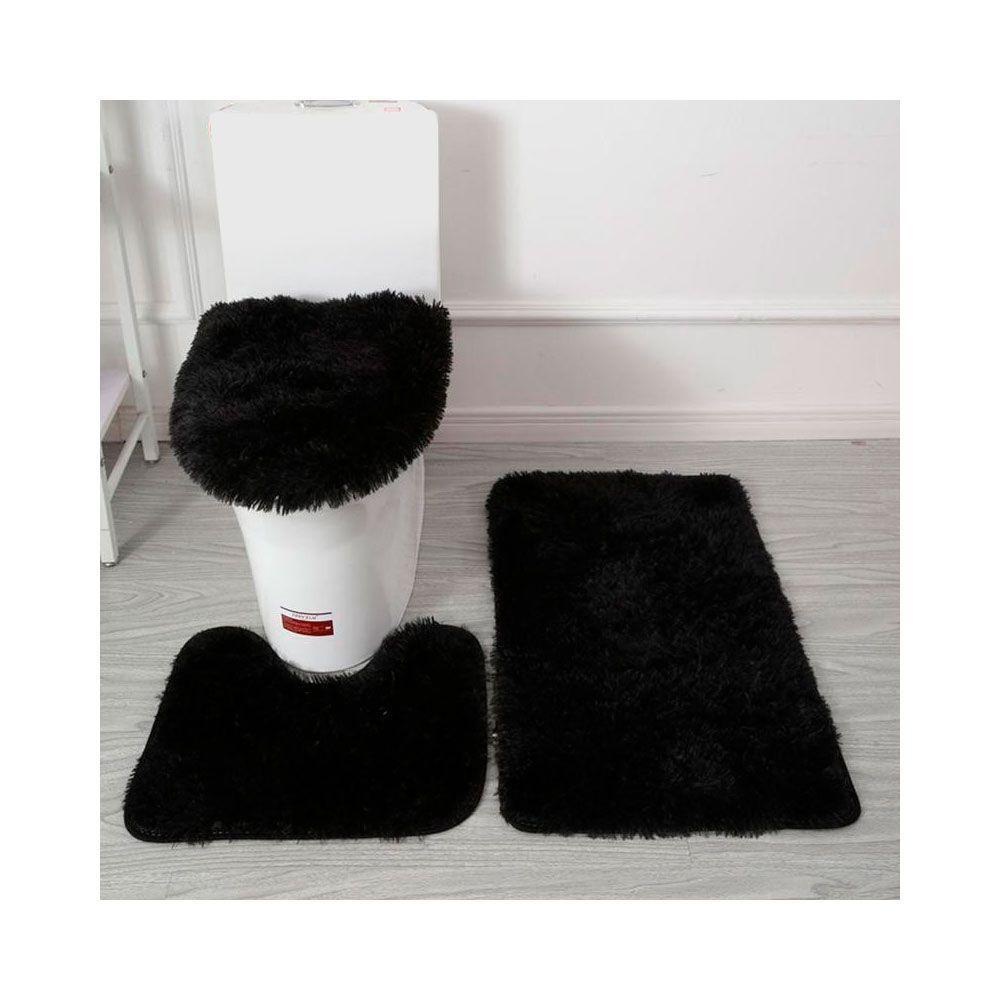 Set Alfombra Baño Antideslizante Peludo 3 Pcs Negro-0