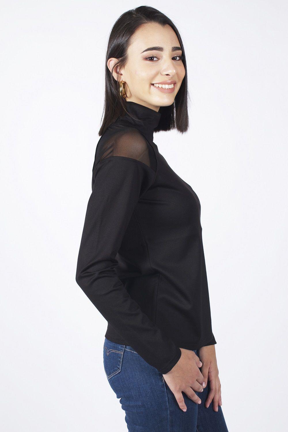 Polera cuello alto aplic. encaje negro-1
