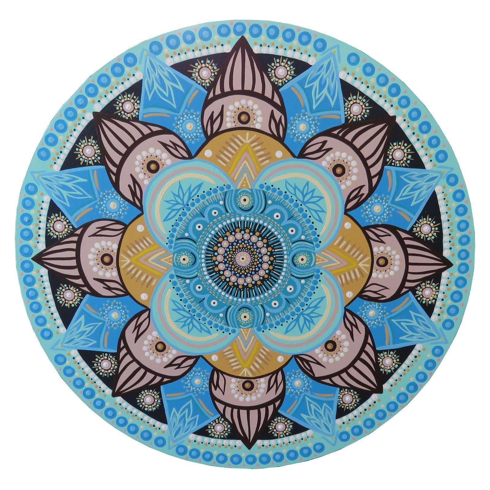 Cuadro Mandala de madera 50 cm Azul, pintado a mano-0