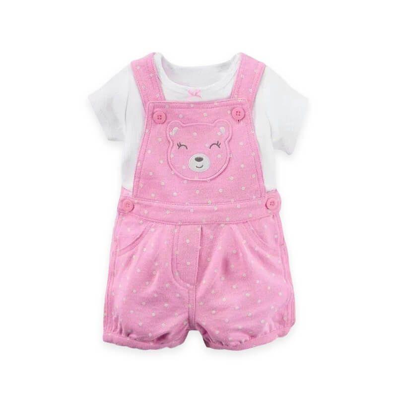 Conjunto Jardinera + Polera bebé Osita Rosa-0