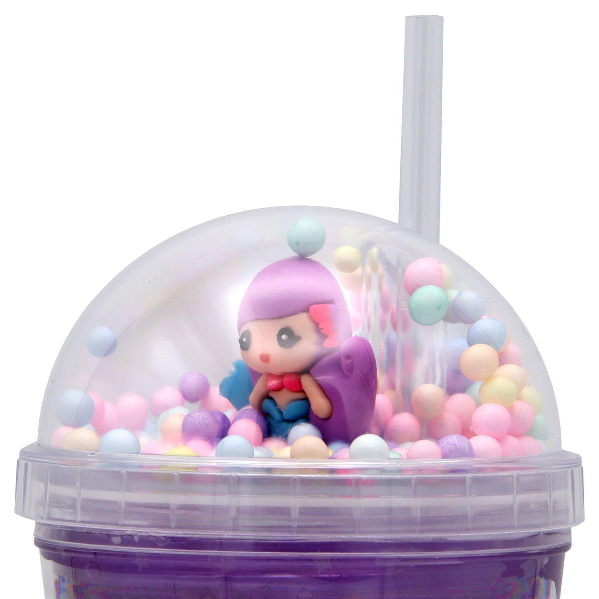 Vaso Con Bombilla Diseño Sirena Pelo Morado Pelotitas y Luz Led Kawaii-2