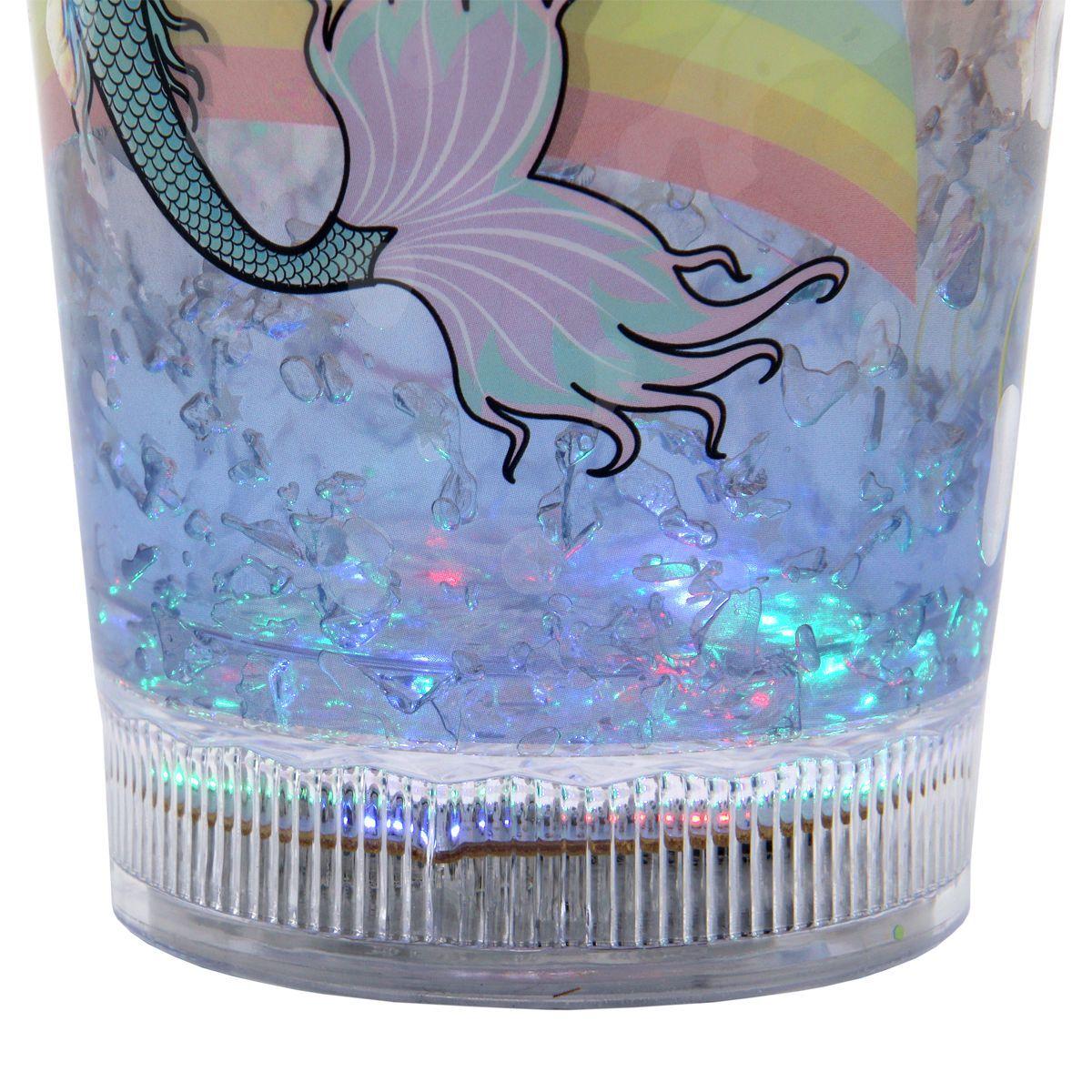 Vaso Con Bombilla Diseño Sirena Pelo Morado Pelotitas y Luz Led Kawaii-3