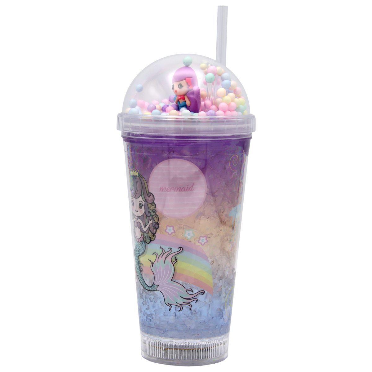 Vaso Con Bombilla Diseño Sirena Pelo Morado Pelotitas y Luz Led Kawaii-1