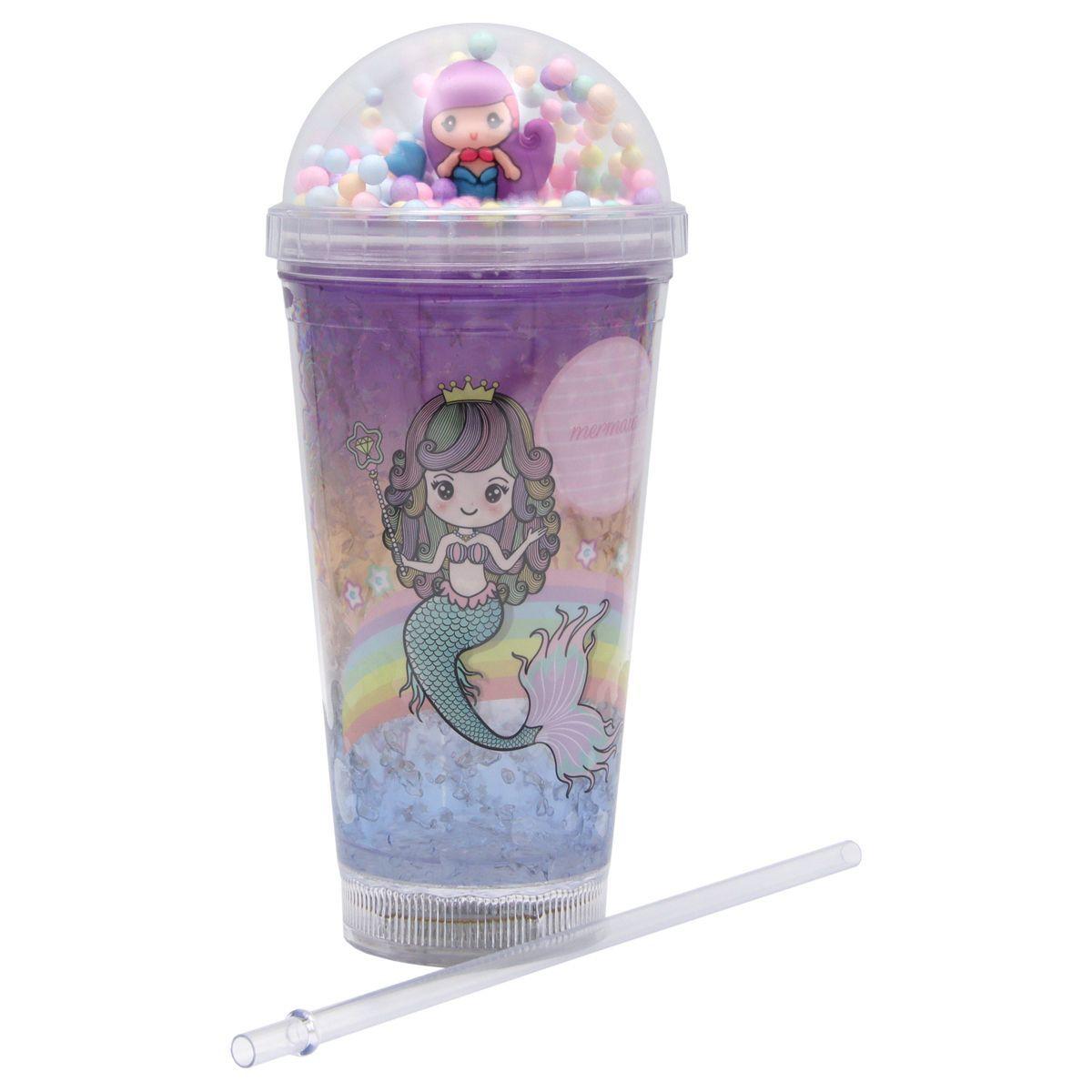 Vaso Con Bombilla Diseño Sirena Pelo Morado Pelotitas y Luz Led Kawaii-0