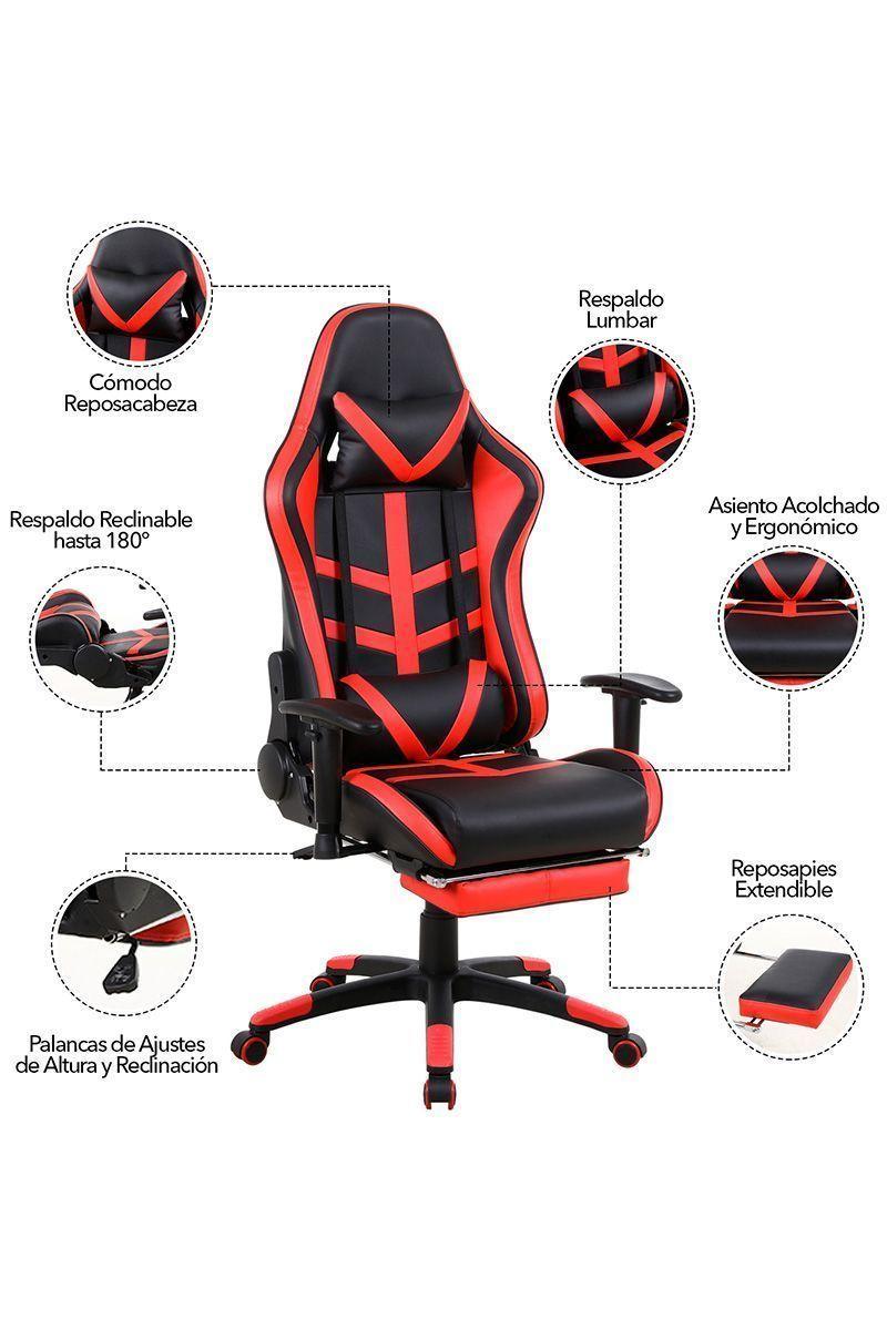 Silla Gamer Racing Reclinable 180° Reposapiés Rojo-4