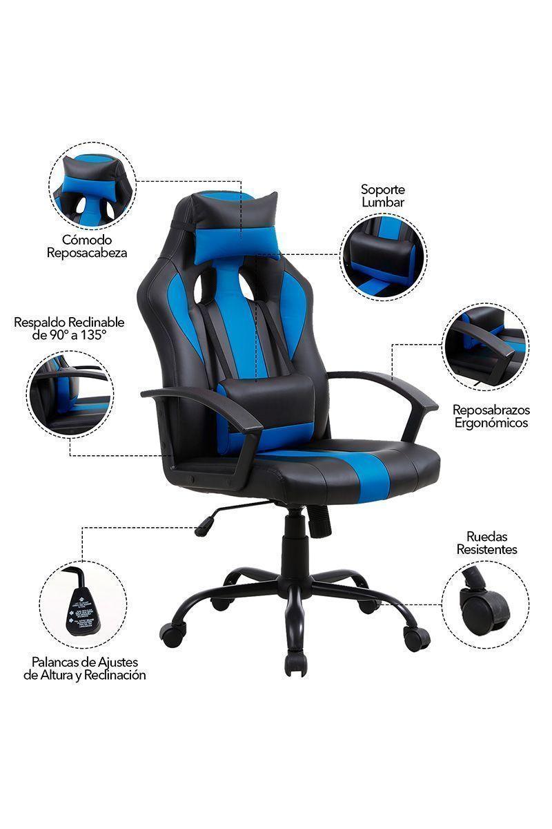 Silla Gamer Reclinable y Altura Ajustable Azul-4