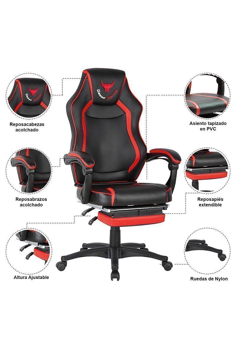 Silla Gamer Racing Game PVC Apoya Pies Rojo-22