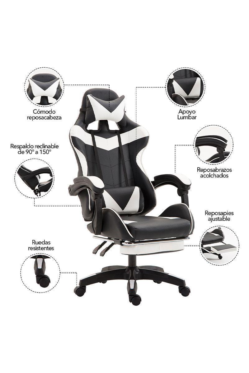 Silla Gamer Ultimate Racing con Reposapiés Blanco-4
