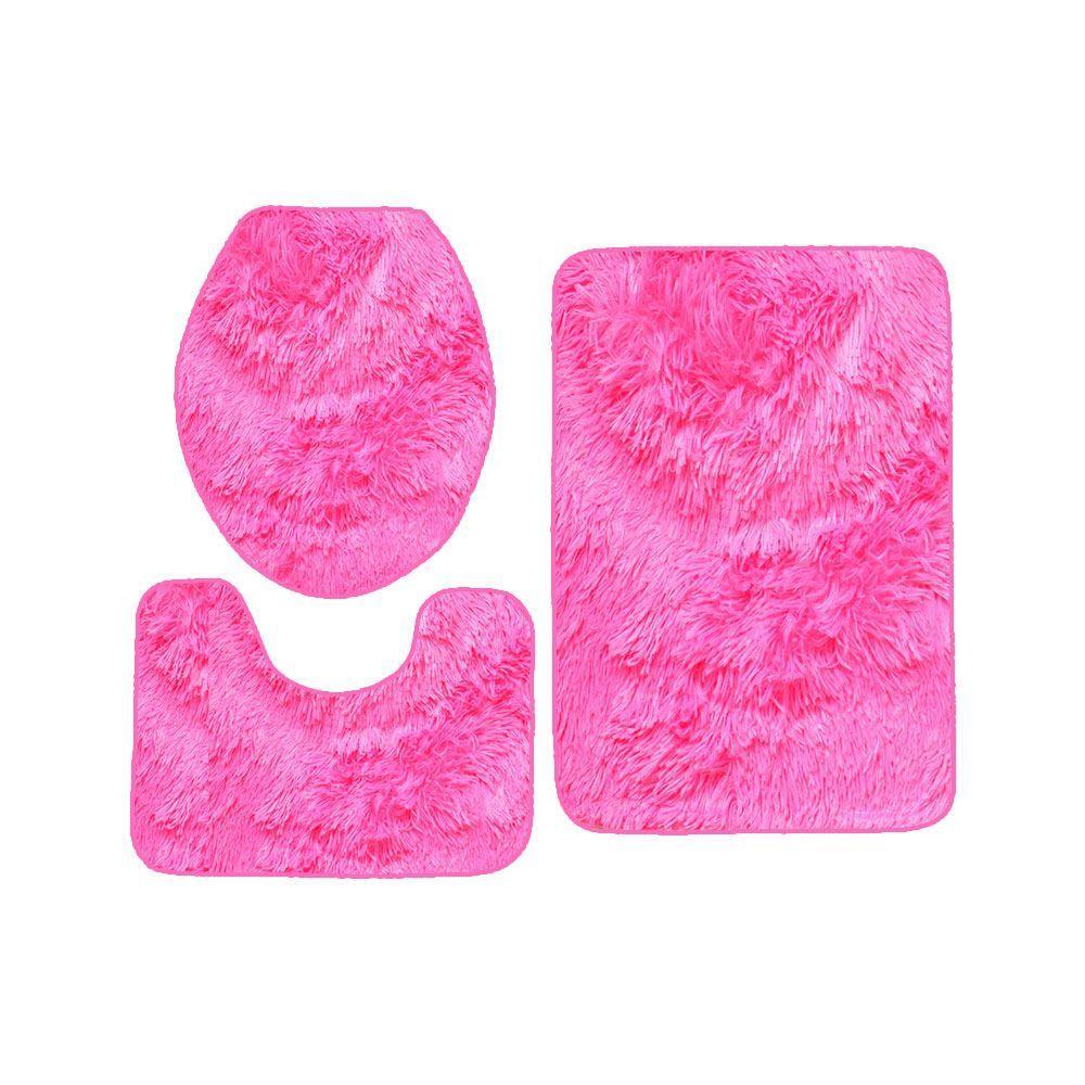 Set Alfombra Baño Antideslizante Peludo 3 Pcs Rosado-1