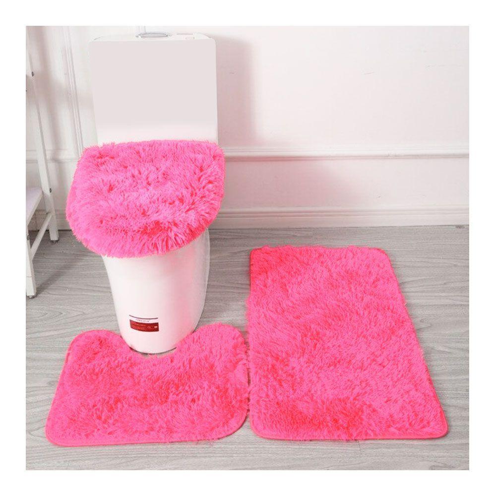 Set Alfombra Baño Antideslizante Peludo 3 Pcs Rosado-0