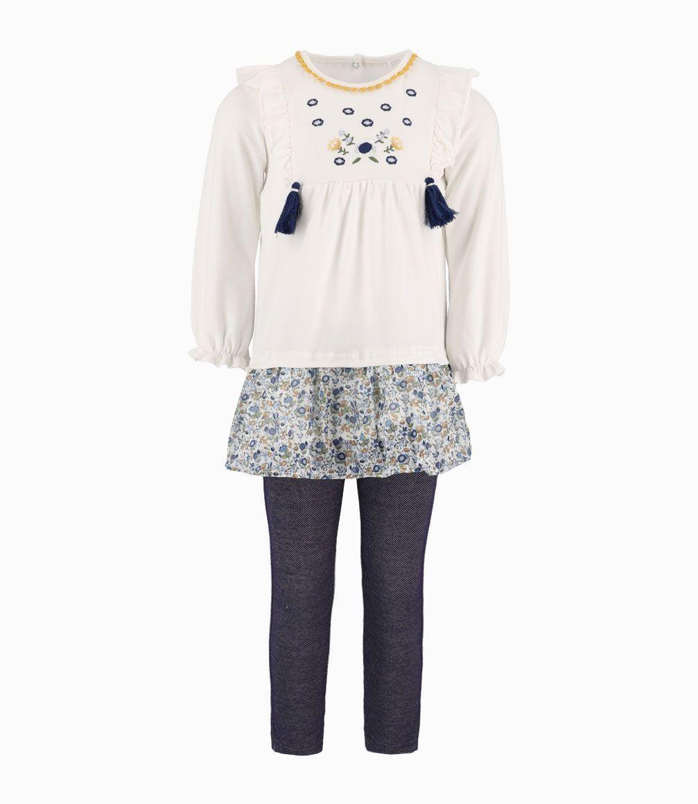 Conjunto Con Faldón De Flores Niña Algodón Crudo Limonada-0