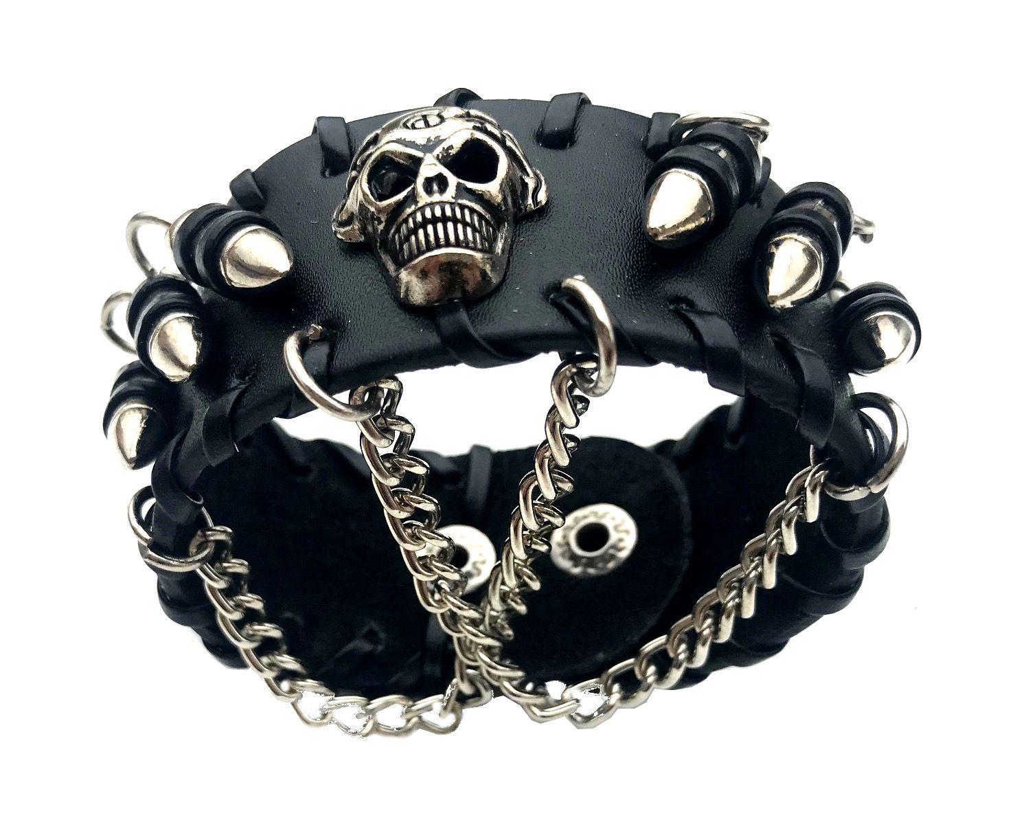 Pulsera Cuero Negra Calavera Bullet-2