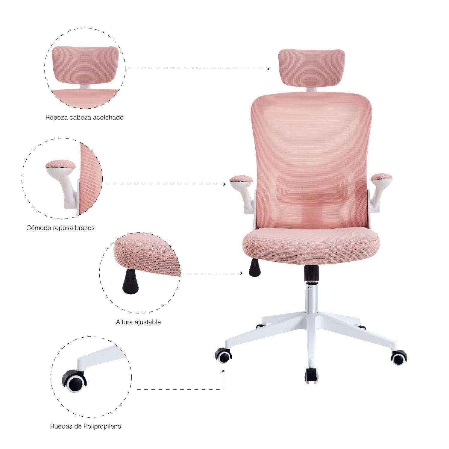 Silla de Oficina con Reposa Brazos y Cabeza Rosa-4