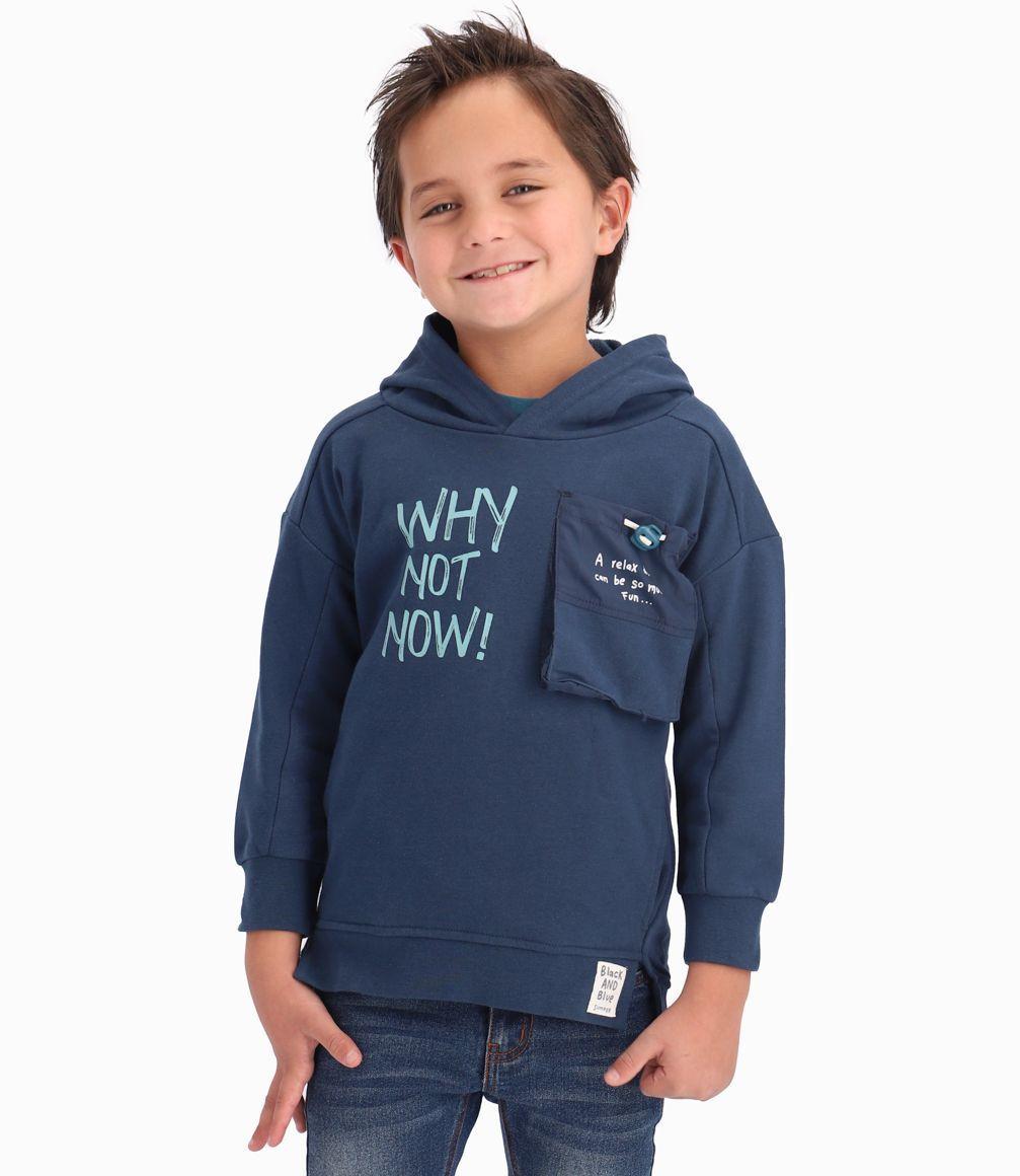 Polerón Capucha y Bolsillo Niño Azul Piedra Black and Blue-0