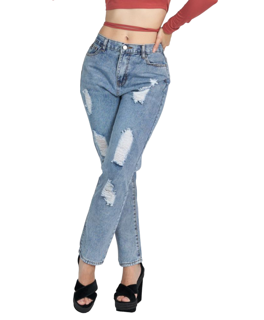 Jeans mujer Mom destroyed celeste rígido-0