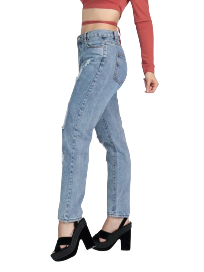 Jeans mujer Mom destroyed celeste rígido-1