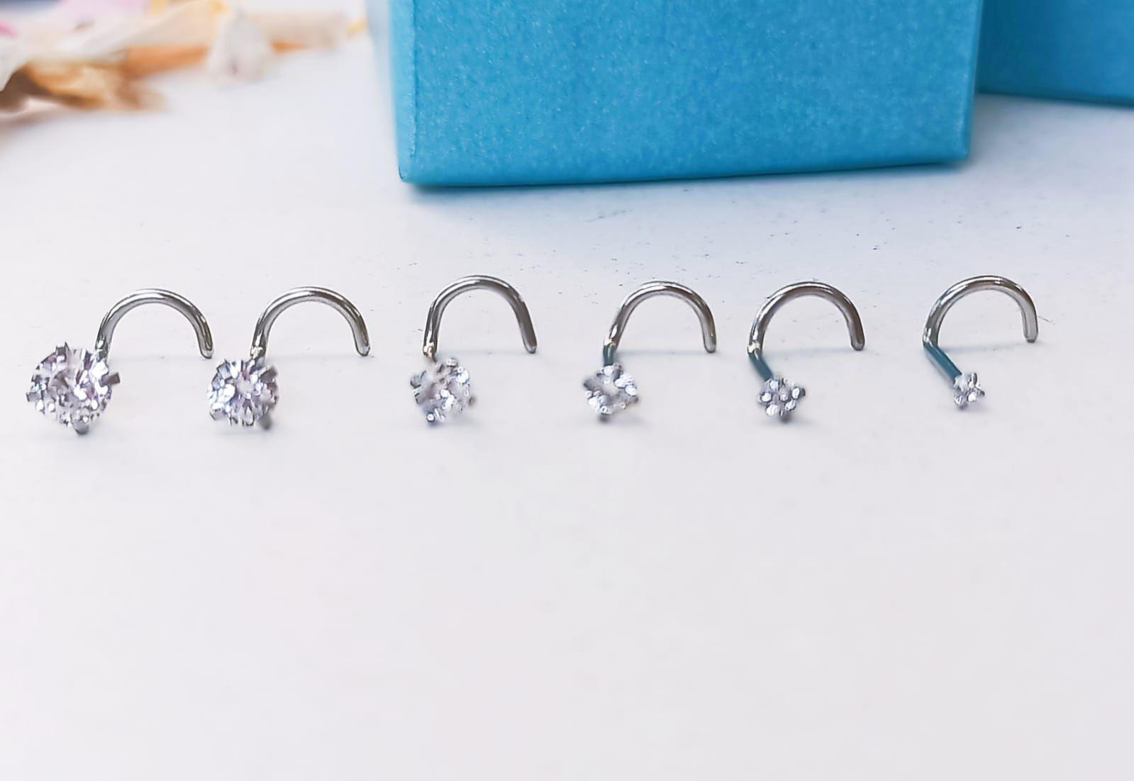 Set De 6 Piercing Pack Nostril Punto De Luz Tipo S Plateado-2