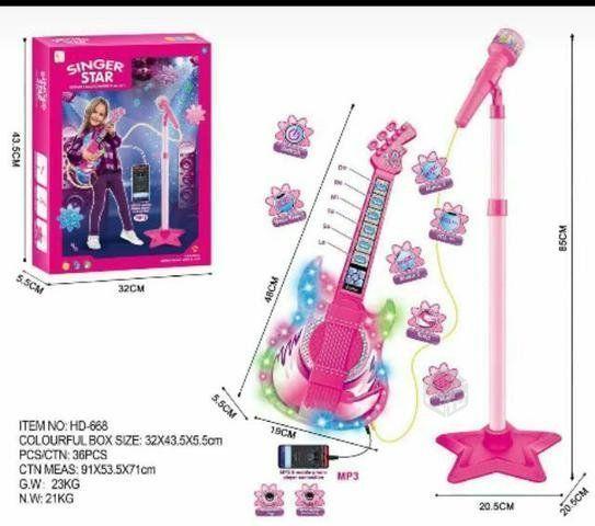 Set Guitarra Microfono Pedestal Juguete Mp3 Luces Rosada-4