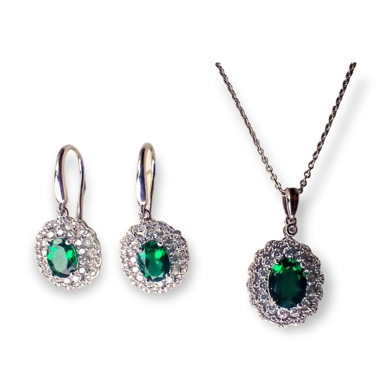 Conjunto collar con dije y aros Esmeralda Plata S925-0