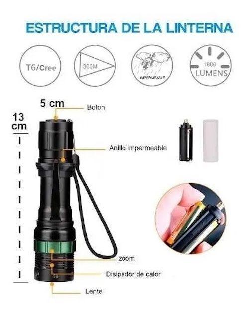 Linterna Led Tactica Zoom Cree 1800 Lumenes,recargable, Caza-3