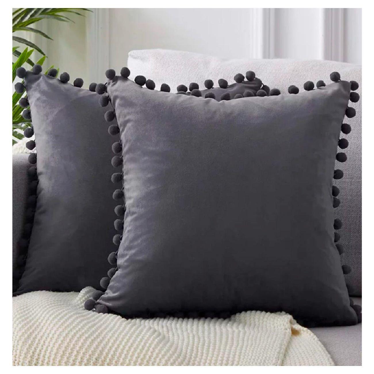 Funda Terciopelo Para Cojin Con Pompon - Gris Oscuro-0