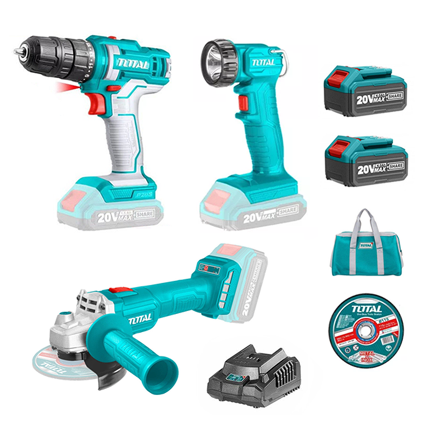 Taladro+ Galletera Esmeril+ Linterna 20v Total-0