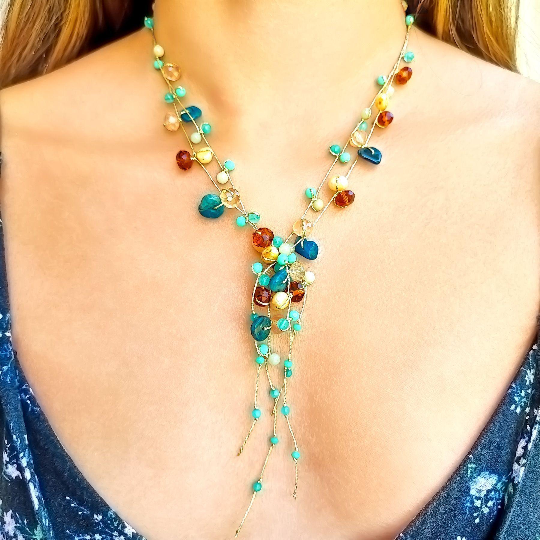 Collar Hilos De Seda Dorados Piedras Naturales Cristales Colores-3