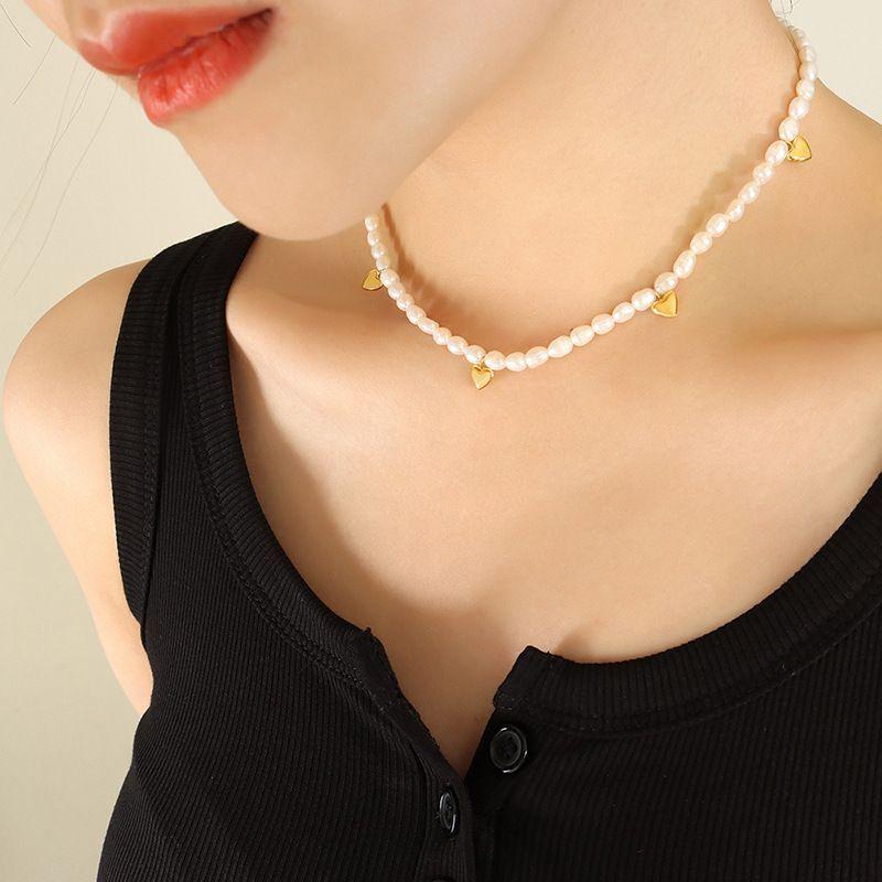 Collar Baño Oro Amarillo 18k Choker Perlas Agua Dulce Corazones-3