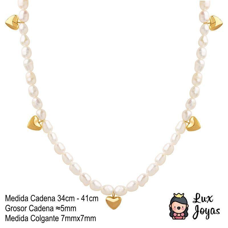 Collar Baño Oro Amarillo 18k Choker Perlas Agua Dulce Corazones-4
