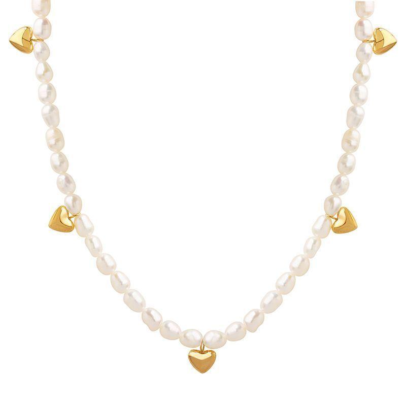 Collar Baño Oro Amarillo 18k Choker Perlas Agua Dulce Corazones-0