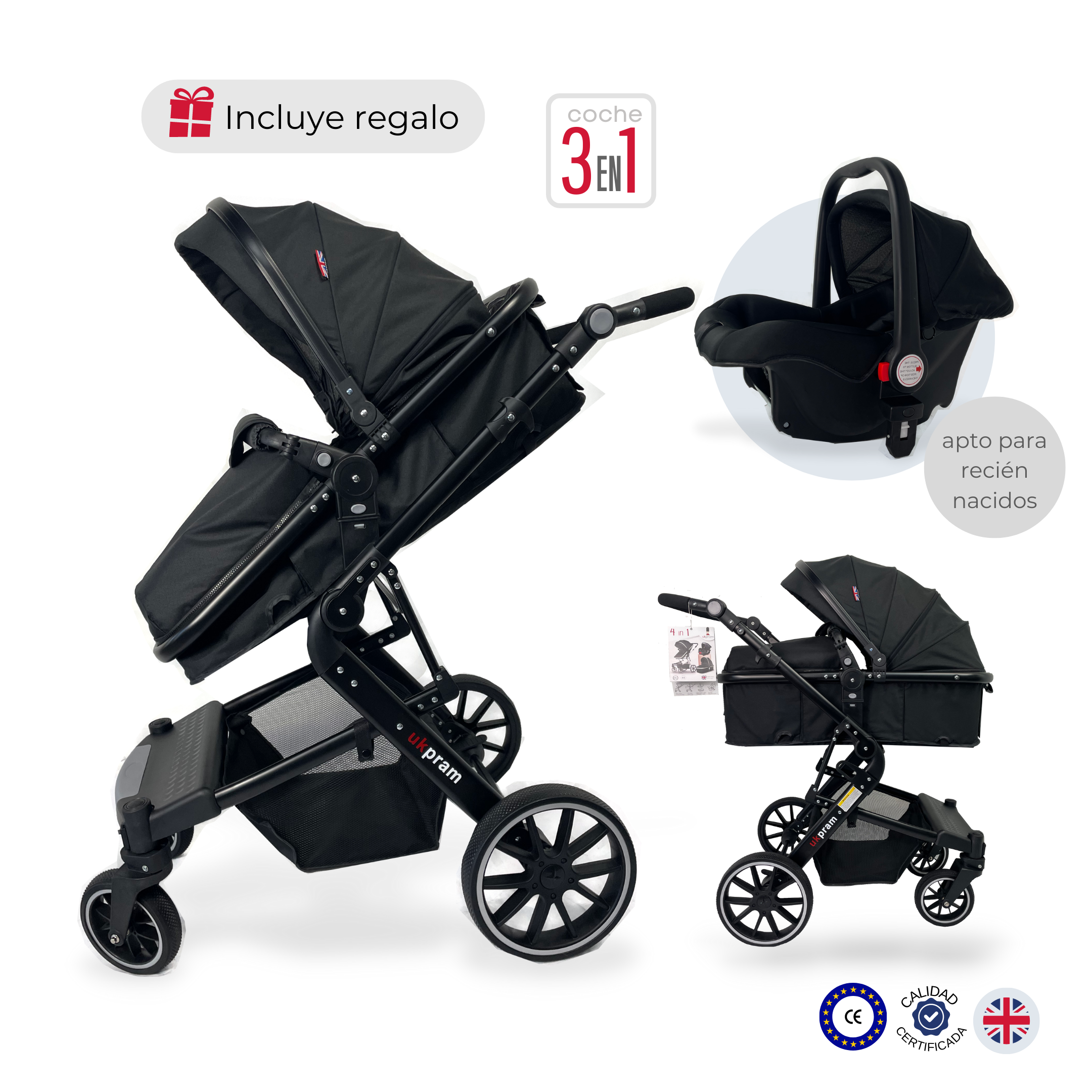 Coche de bebé 3 en 1 cuna - paseo - silla RN / Negro -8