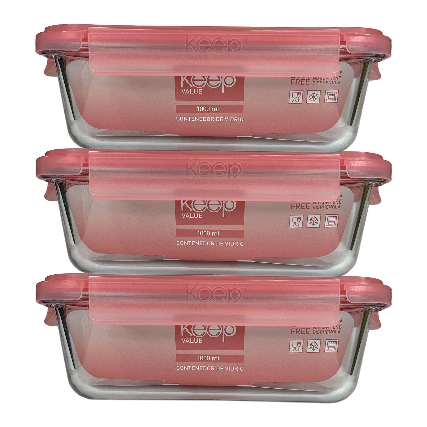 Pack 3 Taper Hermético Rectangular de Vidrio 1000 ml - Keep-0